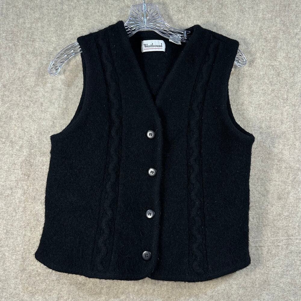 Vintage Westbound Wool Black Cable-Knit Button-Front Sweater Vest - Size Large